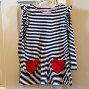 Mini Boden Striped Tunic with Red Heart Pockets and navy and white stripes. 5-6